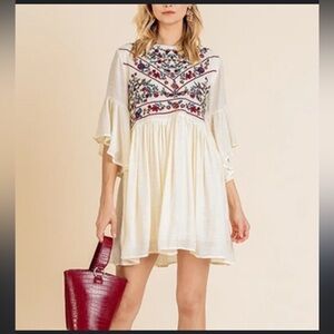 Umgee Cream Dress with Colorful Embroidery